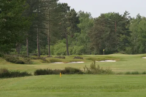 Les Aisses Golf : trou n° 5 : green, bunkers, pins et bruyère